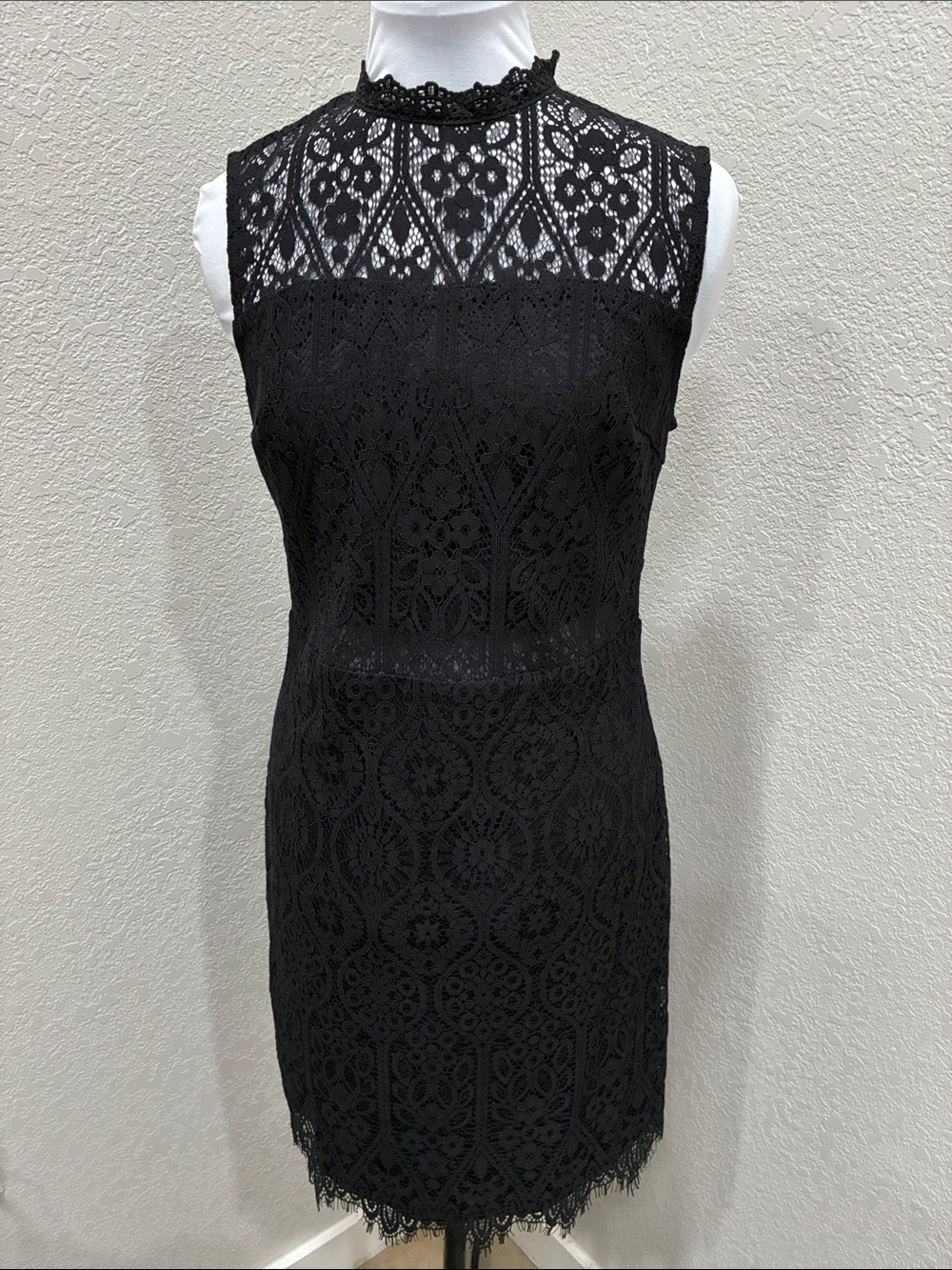 Elegant Black Lace Midi Dress with High Neck
